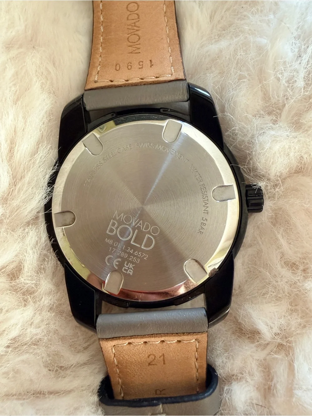 Movado BOLD Men's Black Dial Watch with Grey Leather Strap